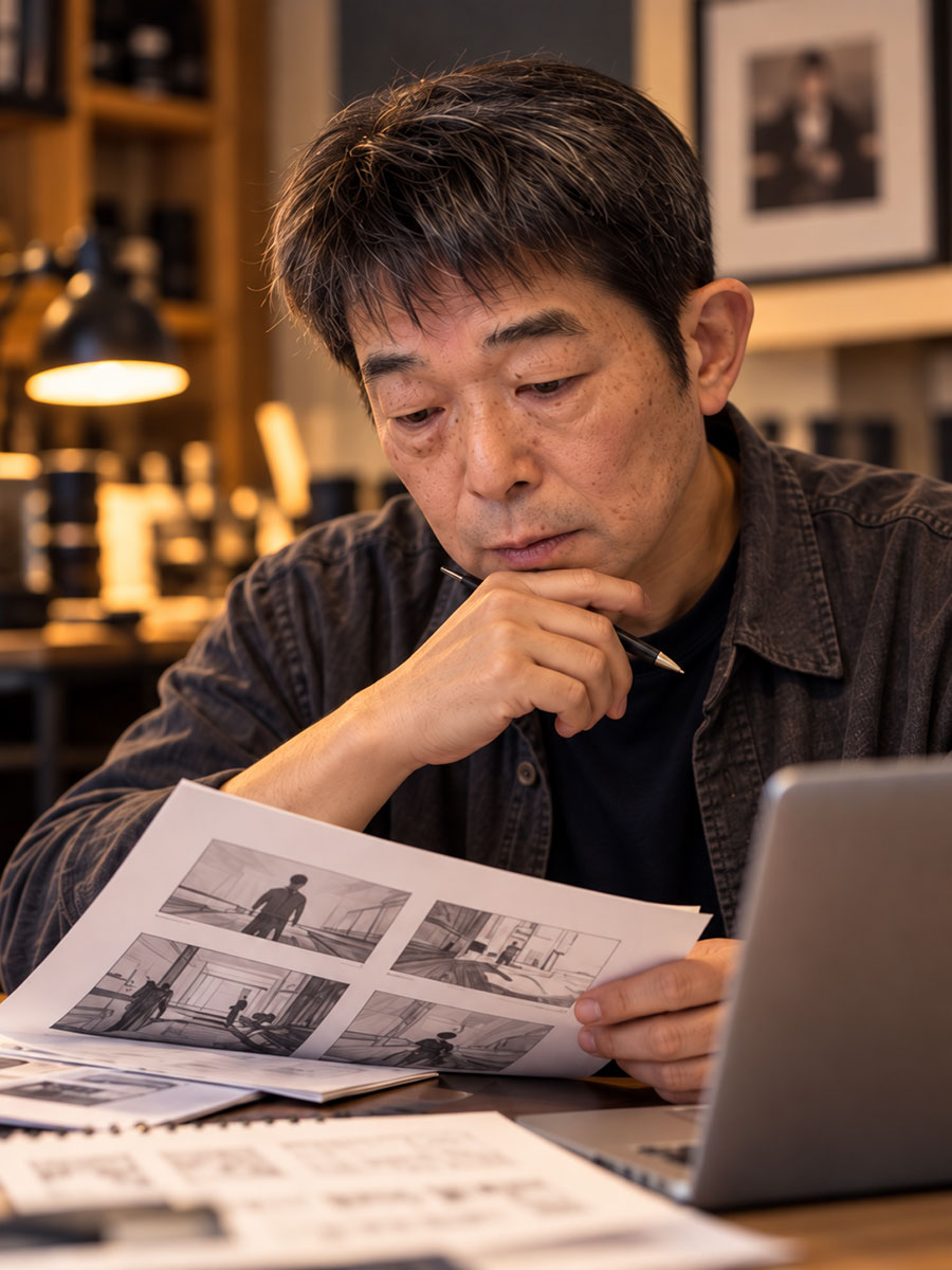 絵コンテを手に構成を検討する石田淳の制作イメージ